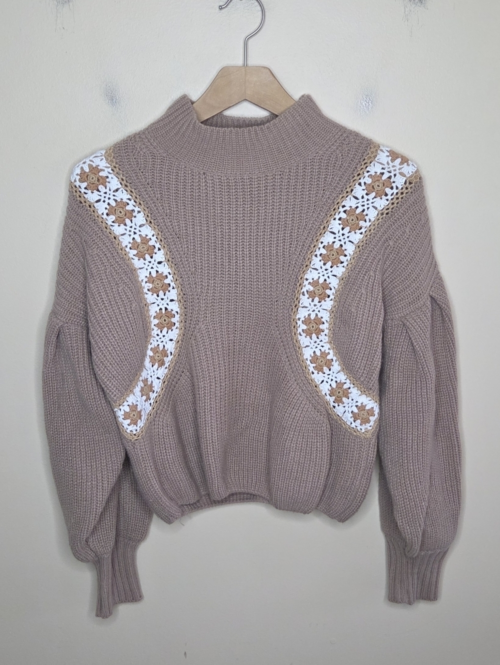 Everyday Chic Boutique Tan Mockneck Sweater Balloon Sleeves Crochet Insets Boho